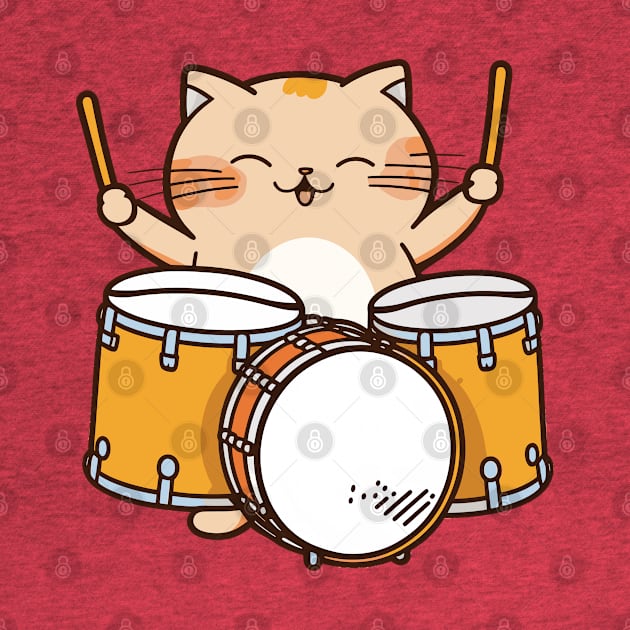 Cute Kawaii Cat Happily Playing Drums by ArtisticRaccoon